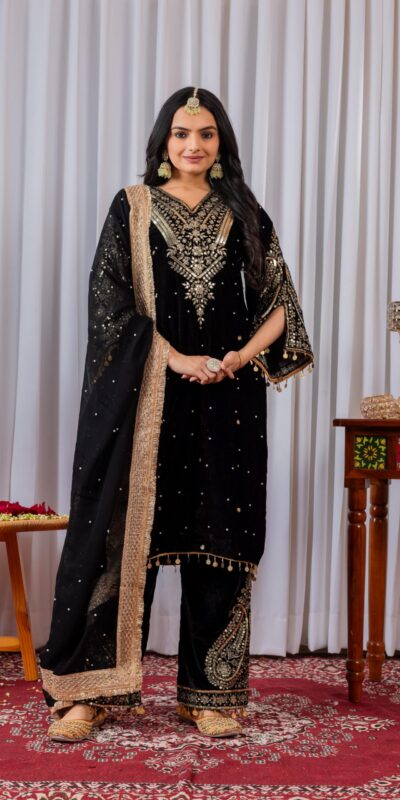 AD 134 Black Color Heavy Pure Viscose Velvet Embroidery Sharara Suit Wedding, Party, Festive, Events Etc. Expected Delivery 4-6 Working Days @2099/- | Jump Suits, Straight Suits, Casual Suits, Creative suits, Designer Suits, Palazzo Suits, Party Wear Suits, Patiala Suits, Salwar suit