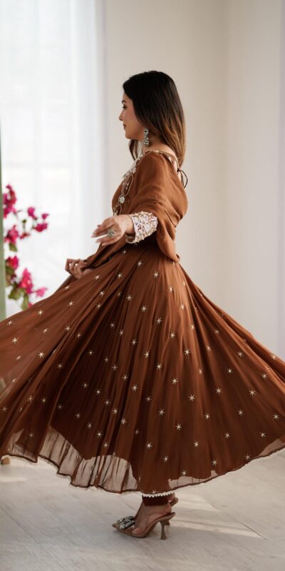 ZF 5012 Brown Blooming Faux Gown with Embroidery Work. Wedding, Party, Festive, Events Grab it for ₹2149. Delivery 4-6 Working Days. Shop now. | Bollywood Lehenga, Creative Lehenga, Designer Lehenga, Embroidered Lehenga, Lehenga, Party Wear Lehenga
