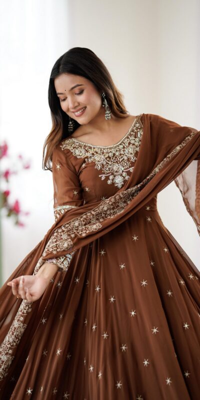 ZF 5012 Brown Blooming Faux Gown with Embroidery Work. Wedding, Party, Festive, Events Grab it for ₹2149. Delivery 4-6 Working Days. Shop now. | Bollywood Lehenga, Creative Lehenga, Designer Lehenga, Embroidered Lehenga, Lehenga, Party Wear Lehenga