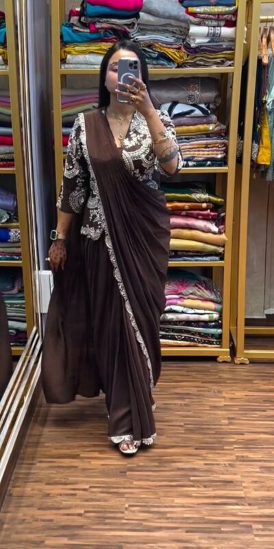 ST 1035 Brown Color Faux Georgette Saree with Embroidery Work. Wedding, Party, Festive, Festive Deal ₹2049. Delivery 4-6 Working Days. Shop now. | Bollywood Sarees, Creative Sarees, Designer Sarees, Embroidered Sarees, Ethnic Saree, Modern Digital sarees, Party Wear Sarees, Sarees