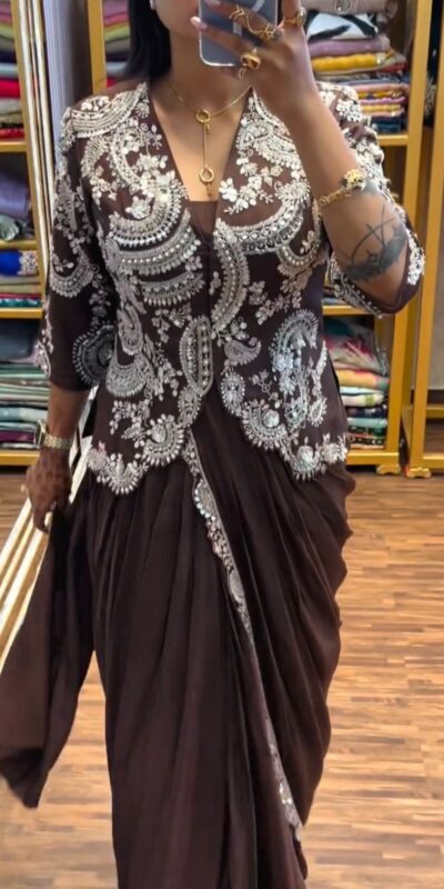 ST 1035 Brown Color Faux Georgette Saree with Embroidery Work. Wedding, Party, Festive, Festive Deal ₹2049. Delivery 4-6 Working Days. Shop now. | Bollywood Sarees, Creative Sarees, Designer Sarees, Embroidered Sarees, Ethnic Saree, Modern Digital sarees, Party Wear Sarees, Sarees