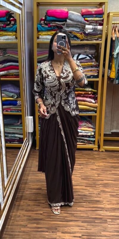 ST 1035 Brown Color Faux Georgette Saree with Embroidery Work. Wedding, Party, Festive, Festive Deal ₹2049. Delivery 4-6 Working Days. Shop now. | Bollywood Sarees, Creative Sarees, Designer Sarees, Embroidered Sarees, Ethnic Saree, Modern Digital sarees, Party Wear Sarees, Sarees