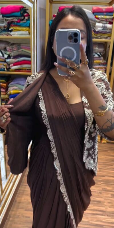 ST 1035 Brown Color Faux Georgette Saree with Embroidery Work. Wedding, Party, Festive, Festive Deal ₹2049. Delivery 4-6 Working Days. Shop now. | Bollywood Sarees, Creative Sarees, Designer Sarees, Embroidered Sarees, Ethnic Saree, Modern Digital sarees, Party Wear Sarees, Sarees