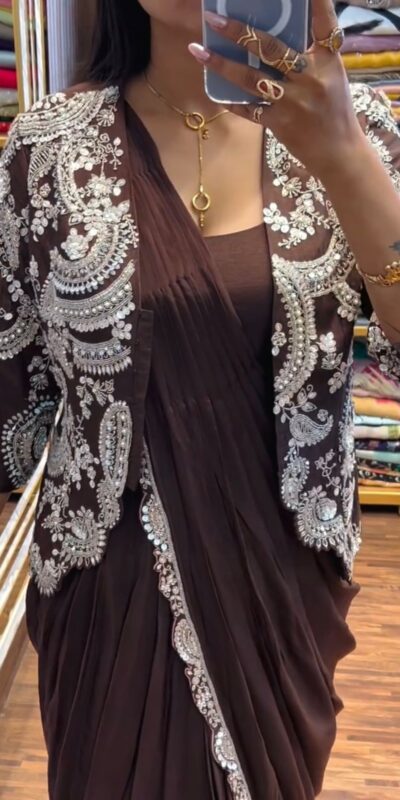 ST 1035 Brown Color Faux Georgette Saree with Embroidery Work. Wedding, Party, Festive, Festive Deal ₹2049. Delivery 4-6 Working Days. Shop now. | Bollywood Sarees, Creative Sarees, Designer Sarees, Embroidered Sarees, Ethnic Saree, Modern Digital sarees, Party Wear Sarees, Sarees