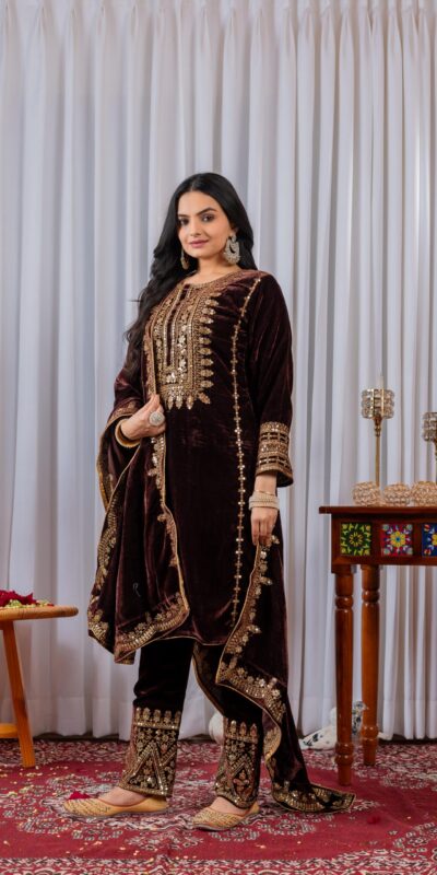 AD 089 Brown Viscose Velvet Salwar Suit with Embroidery Work. Affordable Price ₹1999. Delivery 4-6 Working Days. Shop now. | Jump Suits, Straight Suits, Casual Suits, Creative suits, Designer Suits, Palazzo Suits, Party Wear Suits, Patiala Suits, Salwar suit