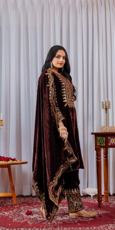 AD 089 Brown Viscose Velvet Salwar Suit with Embroidery Work. Affordable Price ₹1999. Delivery 4-6 Working Days. Shop now. | Jump Suits, Straight Suits, Casual Suits, Creative suits, Designer Suits, Palazzo Suits, Party Wear Suits, Patiala Suits, Salwar suit