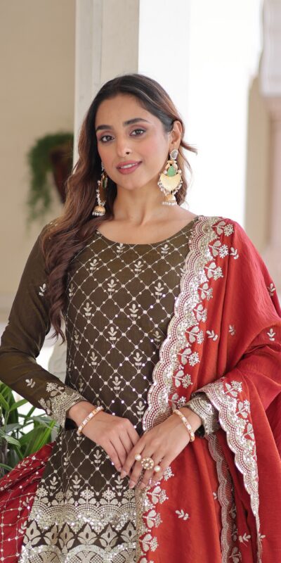 KA 1226 Brown Vichitra Silk Salwar Suit with Zari Work & Embroidery Work. Introductory Price ₹2649. Delivery 4-6 Working Days. Shop now. | Jump Suits, Straight Suits, Casual Suits, Creative suits, Designer Suits, Palazzo Suits, Party Wear Suits, Patiala Suits, Salwar suit