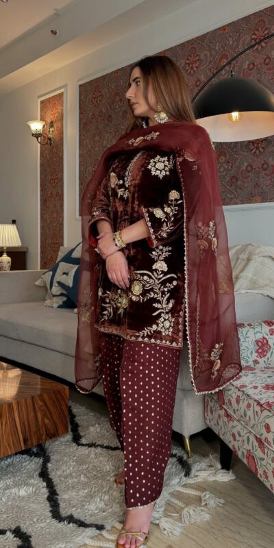 MF 488 Brown Viscose Velvet Salwar Suit. Perfect for Wedding, Party, Lohri, Makar Sankranti, Engagement – Affordable Price ₹2149. Delivery 4-6 Workin | Jump Suits, Straight Suits, Casual Suits, Creative suits, Designer Suits, Palazzo Suits, Party Wear Suits, Patiala Suits, Salwar suit