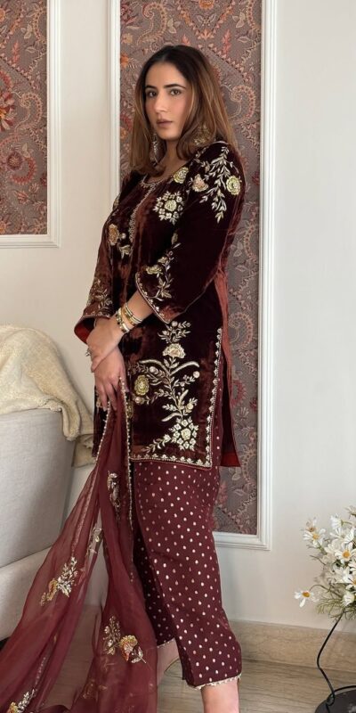 MF 488 Brown Viscose Velvet Salwar Suit. Perfect for Wedding, Party, Lohri, Makar Sankranti, Engagement – Affordable Price ₹2149. Delivery 4-6 Workin | Jump Suits, Straight Suits, Casual Suits, Creative suits, Designer Suits, Palazzo Suits, Party Wear Suits, Patiala Suits, Salwar suit