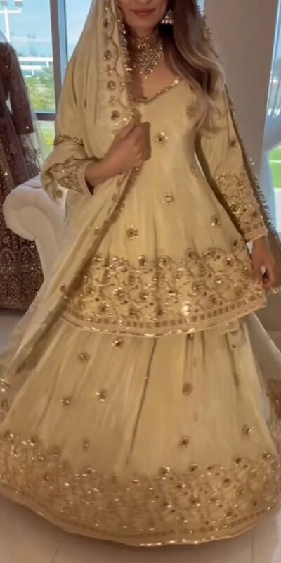 ST 1159 Cream Chinon Lehenga Choli with Embroidery Work & Mirror Work. Grab it for ₹2549. Delivery 4-6 Working Days. Shop now. | Bollywood Lehenga, Creative Lehenga, Designer Lehenga, Embroidered Lehenga, Lehenga, Party Wear Lehenga