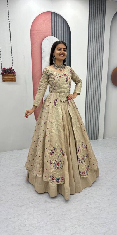 PC 528 Cream Color Vichitra Sequence Work Lehenga Choli Designer Work. Grab it for ₹2649. Delivery 4-6 Working Days. Shop now. | Bollywood Lehenga, Creative Lehenga, Designer Lehenga, Embroidered Lehenga, Lehenga, Party Wear Lehenga