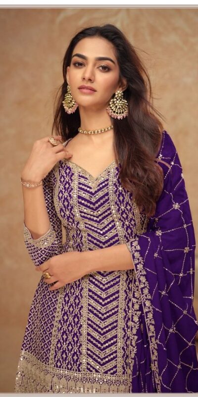FC 7518 Dark Purple Chinon Salwar Suit Perfect for Wedding, Party, Diwali, Durga Puja, Temple Visit – . Festive Deal ₹3099. Delivery 4-6 Working Days. | Jump Suits, Straight Suits, Tops & Bottoms, Track Suits, Trendy Wear, Casual Suits, Creative suits, Designer Suits, Palazzo Suits, Party Wear Suits, Patiala Suits, Salwar suit