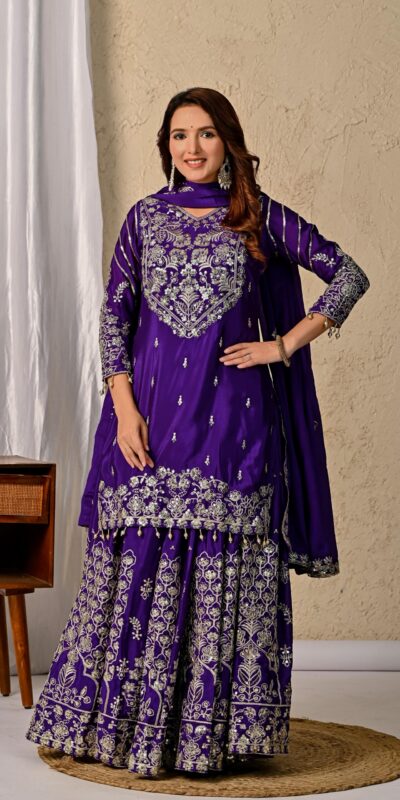 NF 1245 Dark Purple Chinon Silk Lehenga Choli with Embroidery Work & Zari Work. Now at just ₹2449. Delivery 4-6 Working Days. Shop now. | Bollywood Lehenga, Creative Lehenga, Designer Lehenga, Embroidered Lehenga, Lehenga, Party Wear Lehenga