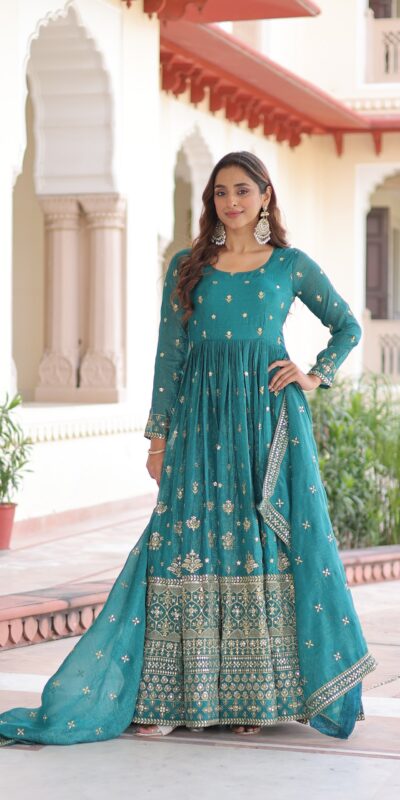 EKA 1216 Firozi in Silver Crunchy mbroidery Work & Sequins Work Gown . Available at ₹2649 only. Delivery 4-6 Working Days. Shop now. | Bollywood Gowns, Creative Gowns, Designer Gowns, Embroidered Gowns, Gowns, Party Wear Gowns