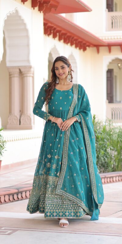 EKA 1216 Firozi in Silver Crunchy mbroidery Work & Sequins Work Gown . Available at ₹2649 only. Delivery 4-6 Working Days. Shop now. | Bollywood Gowns, Creative Gowns, Designer Gowns, Embroidered Gowns, Gowns, Party Wear Gowns