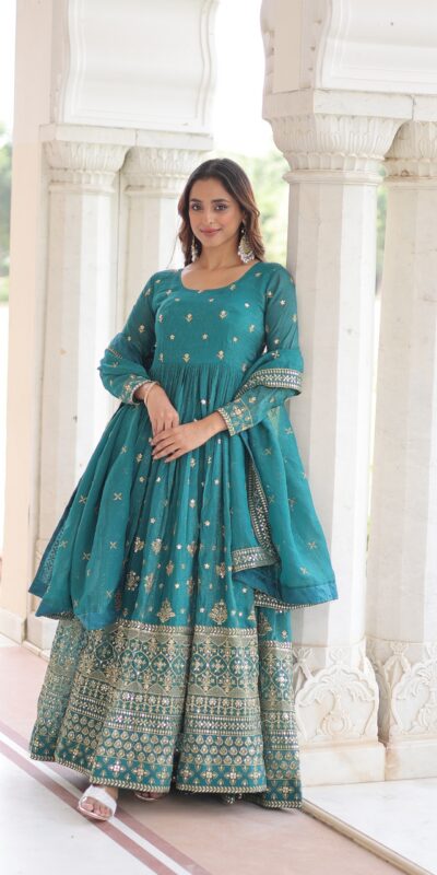 EKA 1216 Firozi in Silver Crunchy mbroidery Work & Sequins Work Gown . Available at ₹2649 only. Delivery 4-6 Working Days. Shop now. | Bollywood Gowns, Creative Gowns, Designer Gowns, Embroidered Gowns, Gowns, Party Wear Gowns
