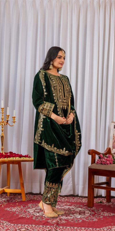 AD 089 Green Viscose Velvet Salwar Suit with Embroidery Work. Affordable Price ₹1999. Delivery 4-6 Working Days. Shop now. | Jump Suits, Straight Suits, Casual Suits, Creative suits, Designer Suits, Palazzo Suits, Party Wear Suits, Patiala Suits, Salwar suit