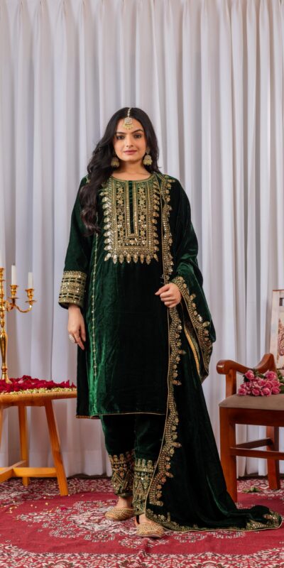 AD 089 Green Viscose Velvet Salwar Suit with Embroidery Work. Affordable Price ₹1999. Delivery 4-6 Working Days. Shop now. | Jump Suits, Straight Suits, Casual Suits, Creative suits, Designer Suits, Palazzo Suits, Party Wear Suits, Patiala Suits, Salwar suit