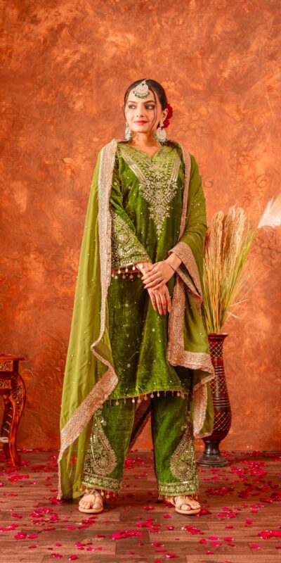 AD 134 Green Color Heavy Pure Viscose Velvet Embroidery Sharara Suit Wedding, Party, Festive, Events Etc. Expected Delivery 4-6 Working Days @2099/- | Jump Suits, Straight Suits, Casual Suits, Creative suits, Designer Suits, Palazzo Suits, Party Wear Suits, Patiala Suits, Salwar suit