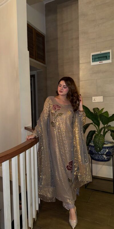 ST 1162 Grey in Faux Georgette Sequins Work & Embroidery Work Salwar Suit . Get it for ₹1999. Delivery 4-6 Working Days. Shop now. | Jump Suits, Straight Suits, Casual Suits, Creative suits, Designer Suits, Palazzo Suits, Party Wear Suits, Patiala Suits, Salwar suit