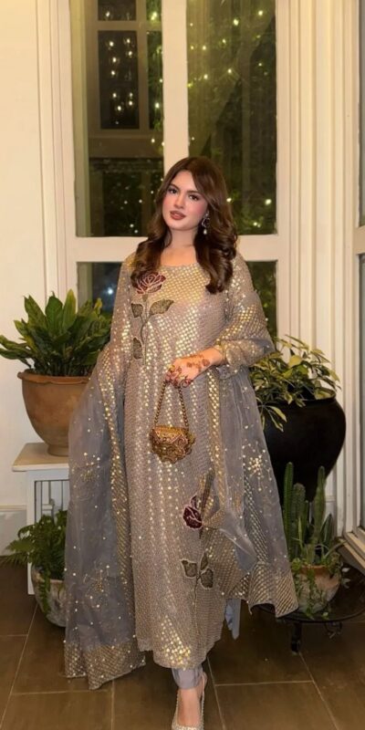 ST 1162 Grey in Faux Georgette Sequins Work & Embroidery Work Salwar Suit . Get it for ₹1999. Delivery 4-6 Working Days. Shop now. | Jump Suits, Straight Suits, Casual Suits, Creative suits, Designer Suits, Palazzo Suits, Party Wear Suits, Patiala Suits, Salwar suit