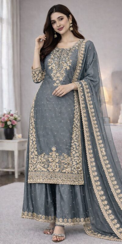 SSR 535 Grey Color in Organza Silk Embroidery Work Salwar Suit . Available at ₹2399 only. Delivery 4-6 Working Days. Shop now. | Jump Suits, Straight Suits, Tops & Bottoms, Track Suits, Trendy Wear, Casual Suits, Creative suits, Designer Suits, Palazzo Suits, Party Wear Suits, Patiala Suits, Salwar suit