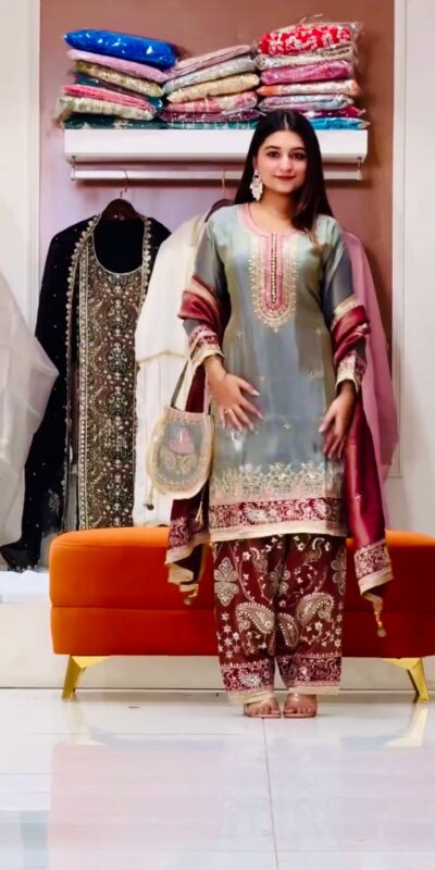 ST 238 Grey in Zimmy Silk. Embroidery Work Salwar Suit Wedding, Party, Festive, Events, Now at just ₹2149. Delivery 4-6 Working Days. Shop now. | Jump Suits, Straight Suits, Casual Suits, Creative suits, Designer Suits, Palazzo Suits, Party Wear Suits, Patiala Suits, Salwar suit