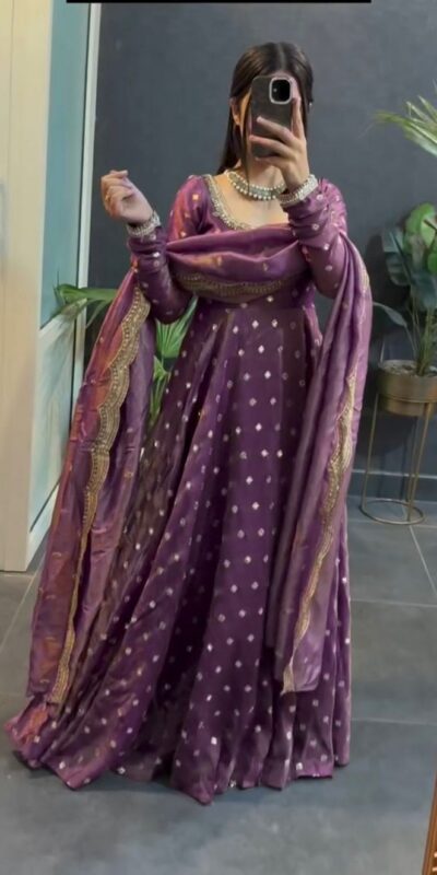 KD 1565 Lavender Fendy Silk Gown. Perfect for Wedding, Party, Reception, Temple Visit, Cultural Events – Festive Deal ₹2099. Delivery 4-6 Working | Bollywood Gowns, Creative Gowns, Designer Gowns, Embroidered Gowns, Gowns, Party Wear Gowns