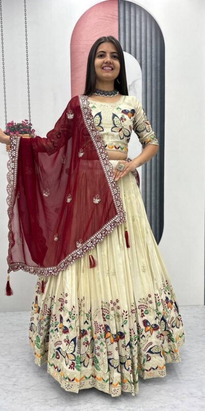 PC 491 Maroon Tissue Silk Lehenga Choli with Lace Work & Cut Work. Wedding, Party, Festive, Events Only 3249 Delivery 4-6 Working Days. Shop now. | Bollywood Lehenga, Creative Lehenga, Designer Lehenga, Embroidered Lehenga, Lehenga, Party Wear Lehenga