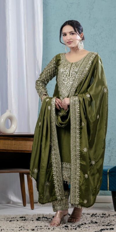 MF 444 Mehandi Chnnon Silk Salwar Suit with Lace Work & Embroidery Work. Introductory Price ₹2099. Delivery 4-6 Working Days. Shop now. | Jump Suits, Straight Suits, Casual Suits, Creative suits, Designer Suits, Palazzo Suits, Party Wear Suits, Patiala Suits, Salwar suit