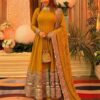 ZSR 3152 Mustered Color Roman silk Gown with Embroidery Work & Lace Work. Grab it for ₹2599. Delivery 4-6 Working Days. Shop now. | Bollywood Gowns, Creative Gowns, Designer Gowns, Embroidered Gowns, Gowns, Party Wear Gowns