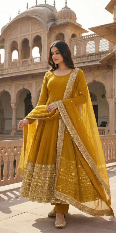 ZSR 3152 Mustered Color Roman silk Gown with Embroidery Work & Lace Work. Grab it for ₹2599. Delivery 4-6 Working Days. Shop now. | Bollywood Gowns, Creative Gowns, Designer Gowns, Embroidered Gowns, Gowns, Party Wear Gowns