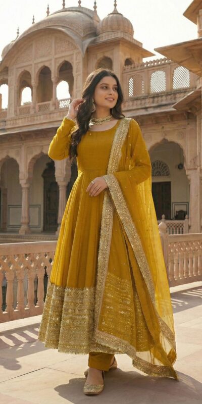 ZSR 3152 Mustered Color Roman silk Gown with Embroidery Work & Lace Work. Grab it for ₹2599. Delivery 4-6 Working Days. Shop now. | Bollywood Gowns, Creative Gowns, Designer Gowns, Embroidered Gowns, Gowns, Party Wear Gowns