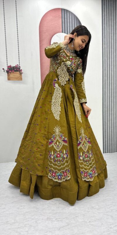 PC 528 Mustered Vichitra Sequence Work Lehenga Choli Designer Work. Grab it for ₹2649. Delivery 4-6 Working Days. Shop now. | Bollywood Lehenga, Creative Lehenga, Designer Lehenga, Embroidered Lehenga, Lehenga, Party Wear Lehenga