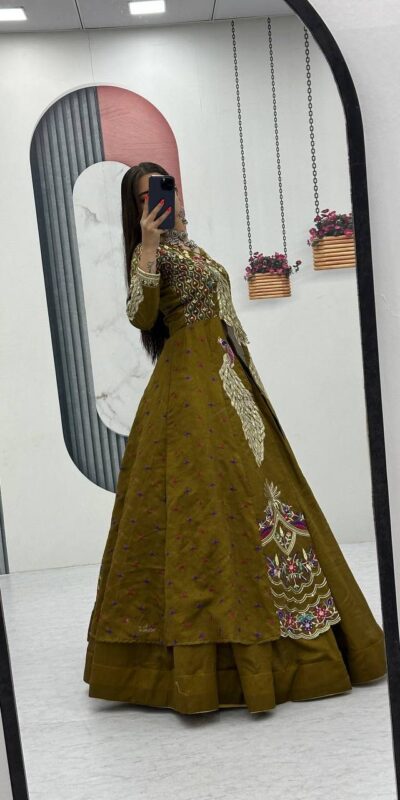 PC 528 Mustered Vichitra Sequence Work Lehenga Choli Designer Work. Grab it for ₹2649. Delivery 4-6 Working Days. Shop now. | Bollywood Lehenga, Creative Lehenga, Designer Lehenga, Embroidered Lehenga, Lehenga, Party Wear Lehenga