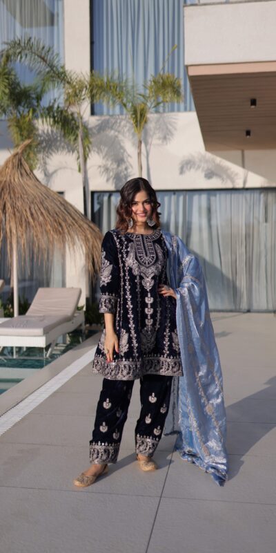 KA 1228 Navy Blue 9000 Velvet Salwar Suit Perfect for Wedding, Party, Diwali, Holi, Traditional Day – . Get it for ₹3049. Delivery 4-6 Working Days. Shop | Jump Suits, Straight Suits, Tops & Bottoms, Track Suits, Trendy Wear, Casual Suits, Creative suits, Designer Suits, Palazzo Suits, Party Wear Suits, Patiala Suits, Salwar suit