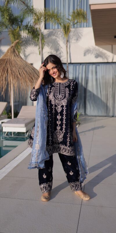 KA 1228 Navy Blue 9000 Velvet Salwar Suit Perfect for Wedding, Party, Diwali, Holi, Traditional Day – . Get it for ₹3049. Delivery 4-6 Working Days. Shop | Jump Suits, Straight Suits, Tops & Bottoms, Track Suits, Trendy Wear, Casual Suits, Creative suits, Designer Suits, Palazzo Suits, Party Wear Suits, Patiala Suits, Salwar suit