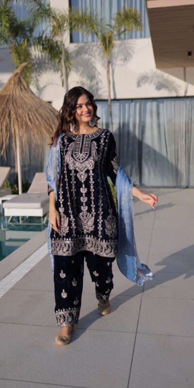 KA 1228 Navy Blue 9000 Velvet Salwar Suit Perfect for Wedding, Party, Diwali, Holi, Traditional Day – . Get it for ₹3049. Delivery 4-6 Working Days. Shop | Jump Suits, Straight Suits, Tops & Bottoms, Track Suits, Trendy Wear, Casual Suits, Creative suits, Designer Suits, Palazzo Suits, Party Wear Suits, Patiala Suits, Salwar suit