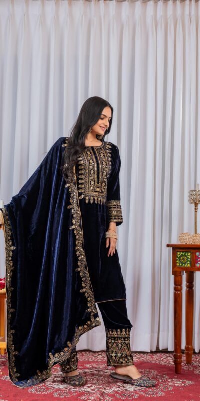 AD 089 Navy Blue Viscose Velvet Salwar Suit with Embroidery Work. Affordable Price ₹1999. Delivery 4-6 Working Days. Shop now. | Jump Suits, Straight Suits, Casual Suits, Creative suits, Designer Suits, Palazzo Suits, Party Wear Suits, Patiala Suits, Salwar suit
