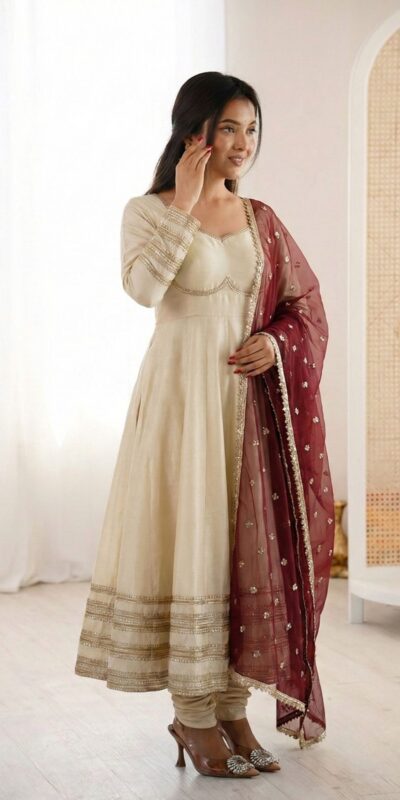ZF 5017 Off White Cosmos Gold Gown with Embroidery Work & Lace Work. Get it for ₹2099. Delivery 4-6 Working Days. Shop now. | Bollywood Gowns, Creative Gowns, Designer Gowns, Embroidered Gowns, Gowns, Party Wear Gowns