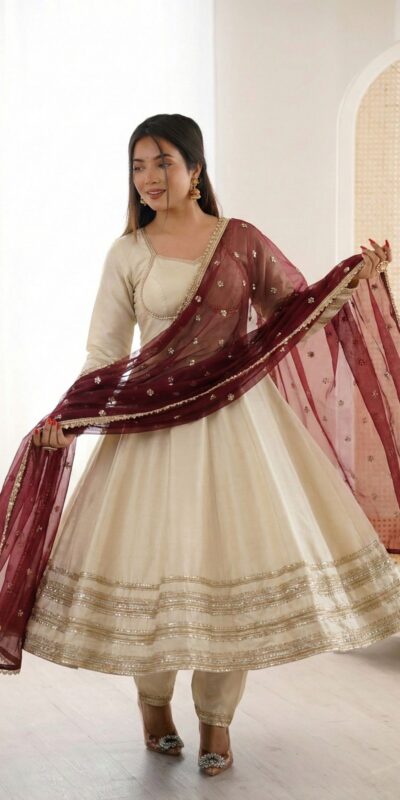 ZF 5017 Off White Cosmos Gold Gown with Embroidery Work & Lace Work. Get it for ₹2099. Delivery 4-6 Working Days. Shop now. | Bollywood Gowns, Creative Gowns, Designer Gowns, Embroidered Gowns, Gowns, Party Wear Gowns