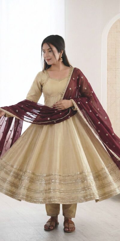 ZF 5017 Off White Cosmos Gold Gown with Embroidery Work & Lace Work. Get it for ₹2099. Delivery 4-6 Working Days. Shop now. | Bollywood Gowns, Creative Gowns, Designer Gowns, Embroidered Gowns, Gowns, Party Wear Gowns