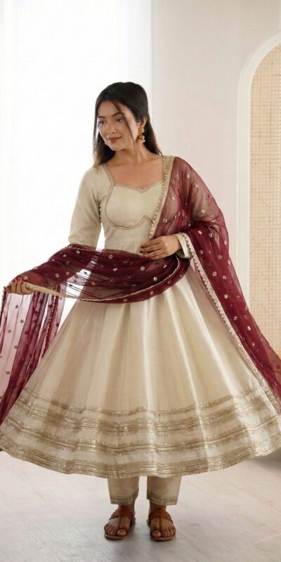 ZF 5017 Off White Cosmos Gold Gown with Embroidery Work & Lace Work. Get it for ₹2099. Delivery 4-6 Working Days. Shop now. | Bollywood Gowns, Creative Gowns, Designer Gowns, Embroidered Gowns, Gowns, Party Wear Gowns