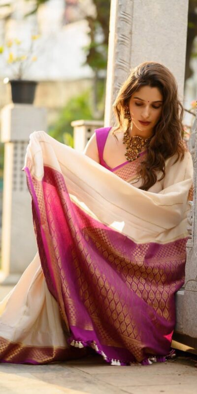 KPR 235 Off White Soft Lichi Silk Saree Perfect for Wedding, Party, Raksha Bandhan, Sangeet, Eid – . Get it for ₹1449. Delivery 4-6 Working Days. | Bollywood Sarees, Creative Sarees, Designer Sarees, Embroidered Sarees, Ethnic Saree, Modern Digital sarees, Party Wear Sarees, Sarees