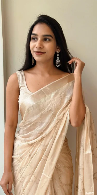 MS 505 Off White Viscose Satin Saree with Sequins Work & Embroidery Work. Special Price ₹1599. Delivery 4-6 Working Days. Shop now. | Bollywood Sarees, Creative Sarees, Designer Sarees, Embroidered Sarees, Ethnic Saree, Modern Digital sarees, Party Wear Sarees, Sarees