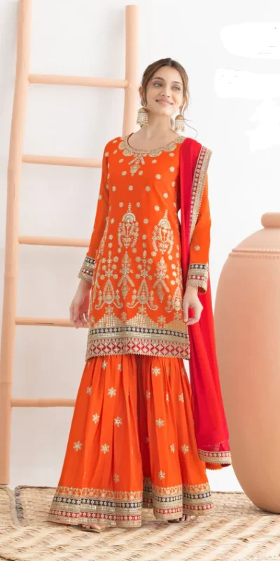 FC 726 Orange Chinon Salwar Suit Perfect for Wedding, Party, Ethnic Day, Makar Sankranti, Cultural Events – . Best Price ₹3049. Delivery 4-6 Working | Jump Suits, Straight Suits, Casual Suits, Creative suits, Designer Suits, Palazzo Suits, Party Wear Suits, Patiala Suits, Salwar suit