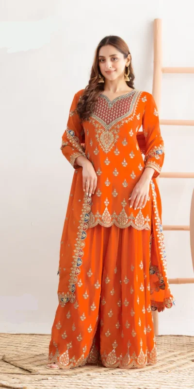 FC 725 Orange Chinon Salwar Suit Perfect for Wedding, Party, Ethnic Day, Makar Sankranti, Cultural Events – . Best Price ₹3049. Delivery 4-6 Working | Jump Suits, Straight Suits, Casual Suits, Creative suits, Designer Suits, Palazzo Suits, Party Wear Suits, Patiala Suits, Salwar suit