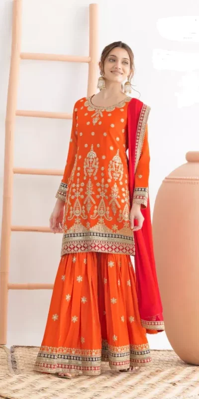 FC 725 Orange Chinon Salwar Suit Perfect for Wedding, Party, Ethnic Day, Makar Sankranti, Cultural Events – . Best Price ₹3049. Delivery 4-6 Working | Jump Suits, Straight Suits, Casual Suits, Creative suits, Designer Suits, Palazzo Suits, Party Wear Suits, Patiala Suits, Salwar suit