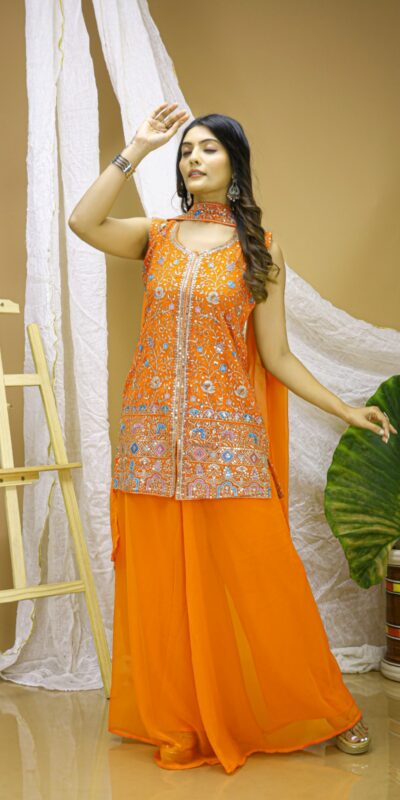 FE 124 Orange Color Georgette Salwar Suit with Embroidery Work. Introductory Price ₹1999. Delivery 4-6 Working Days. Shop now. | Jump Suits, Straight Suits, Casual Suits, Creative suits, Designer Suits, Palazzo Suits, Party Wear Suits, Patiala Suits, Salwar suit