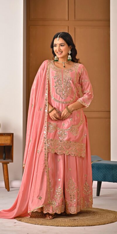 ND 5033 Peach Chinon Silk Salwar Suit with Embroidery Work & Lace Work. Affordable Price ₹2149. Delivery 4-6 Working Days. Shop now. | Jump Suits, Straight Suits, Casual Suits, Creative suits, Designer Suits, Palazzo Suits, Party Wear Suits, Patiala Suits, Salwar suit